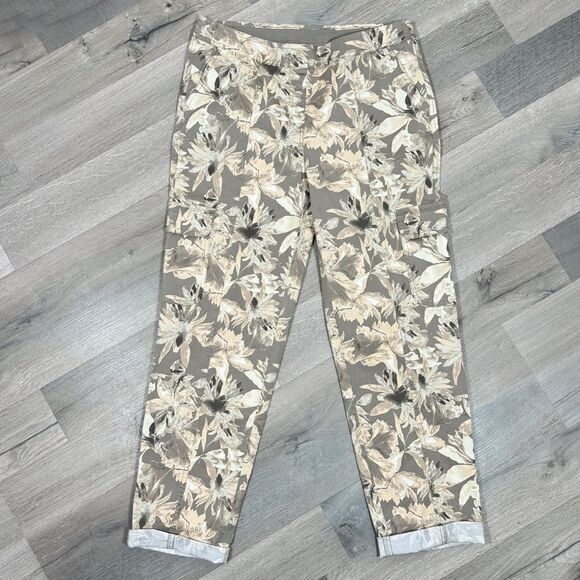 Chicos Tropical Print Crop Cargo Pants Tan Yellow XS 2 Cotton Twill Pull On - Picture 3 of 13